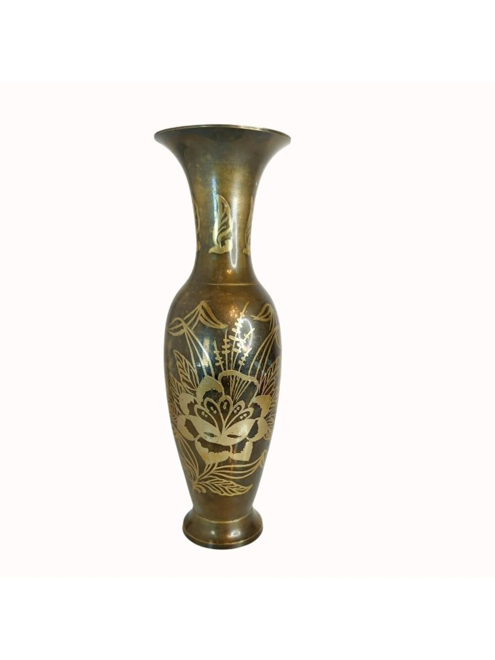 Vintage India Solid Brass Vase Engraved Floral Flower 13.75" Tall Boho Decor